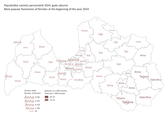 Map - Most popular forenames of females at the beginning of the year 2024