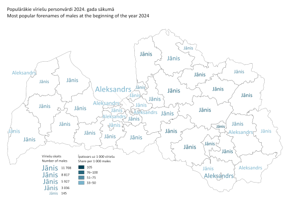 Map - Most popular forenames of males at the beginning of the year 2024