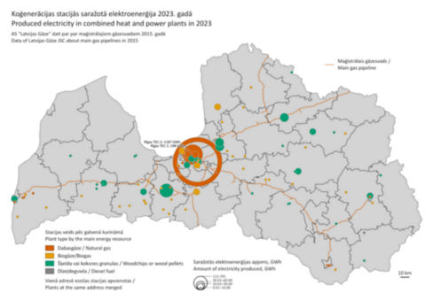  Map of Latvia with marked places where electricity was produced in 2023, by type and volume.