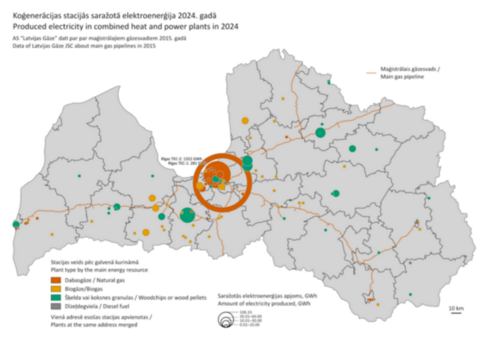 Latvijas karte ar atzīmētām vietām, kur 2024. gadā bija saražota elektroenerģija, pēc veida un apjoma.