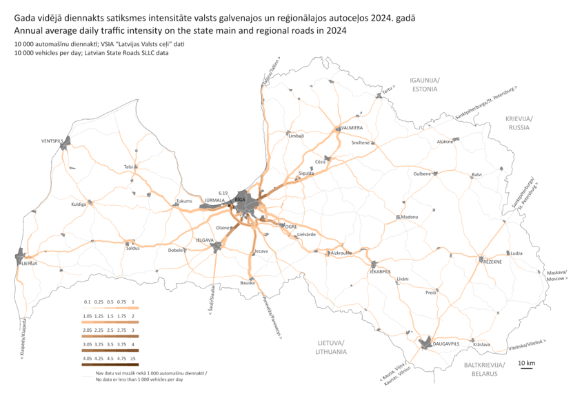Karte - Gada vidējā diennakts satiksmes intensitāte valsts galvenajos un reģionālajos autoceļos 2024. gadā