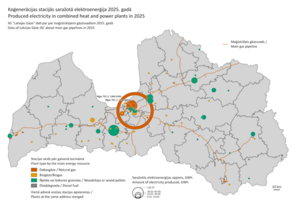 Map of Latvia with marked places where electricity was produced in 2025, by type and volume.