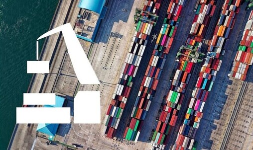 Picture - top view of the port terminal with sea containers, pictogram with crane