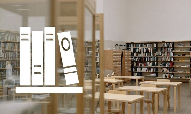  Picture with library reading room, pictogram with books