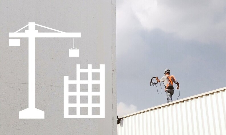 Picture of a man on the roof, a pictogram with a crane