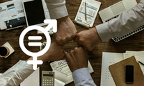  Image - four hands clasped above the workbench, pictogram with gender equality symbol