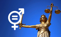  Picture - sculpture with scales in one hand, sword in the other, pictogram with gender equality symbol