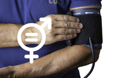 Picture - a man's hand with a heart rate monitor, a pictogram with a gender equality symbol