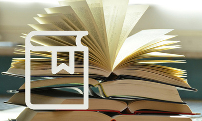 An image with open books stacked on top of each other, a pictogram with a book