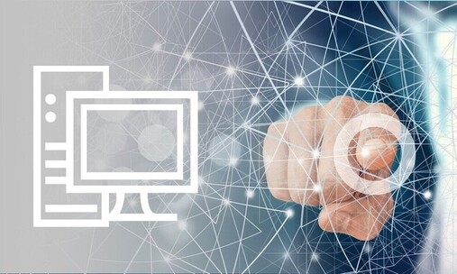 Picture - The index finger touches the hologram screen, the icon is on the computer
