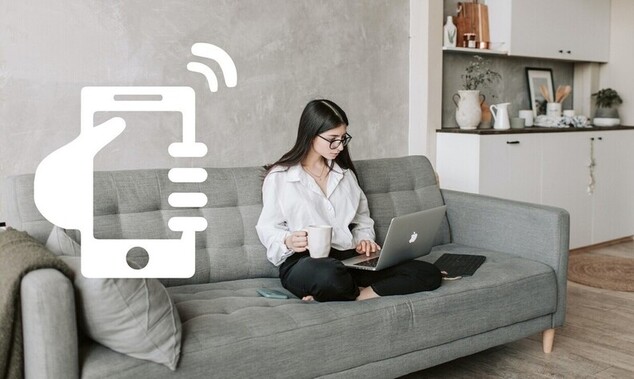 Picture - woman sitting on sofa with laptop on lap, pictogram with phone