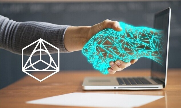 Picture - a man shakes hands with a hologram from a computer, a pictogram with a geometric figure