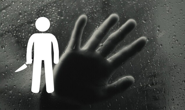 Picture of a hand palm pressed on a glassplate, a human pictogram with a knife in his hand.