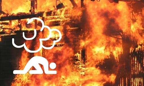 Picture of a burning house, pictogram with a person crawling under the smoke