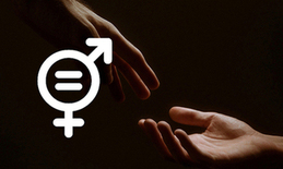 Attēls - divas rokas tiecas savienoties, piktogramma ar dzimumu līdztiesības simbolu