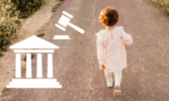 The little girl walks away along the way, pictogram with the courthouse