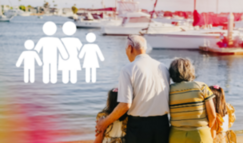 Grandparents with grandchildren stand on the river bank, pictogram with family