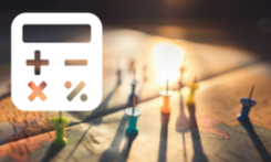 Close-up with map and needle clips, pictogram with calculator