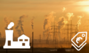 Industrial landscape with electric poles, large chimneys, pictogram with factory building and price tag