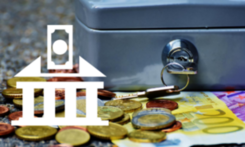 Close-up with money and money box, pictogram with building and banknote