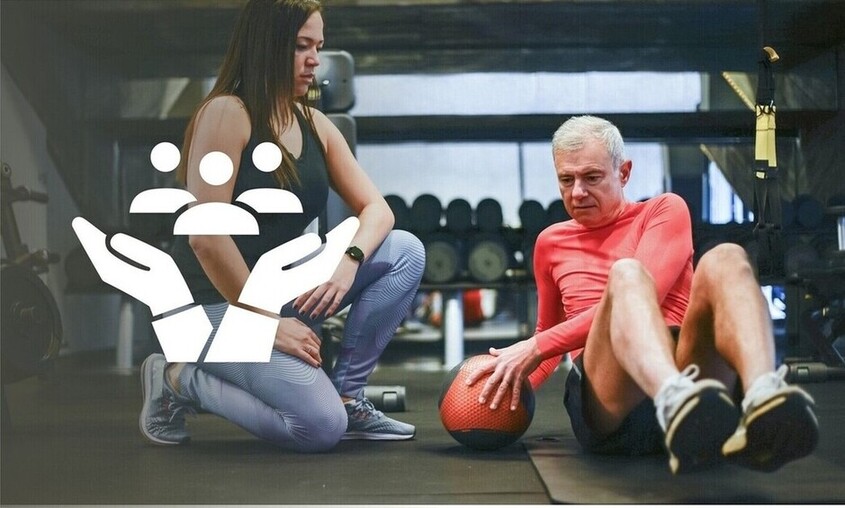 Attēls ar sirmu vīrieti sporta zālē, balta piktogramma ar roku un cilvēku siluetiem