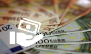Close-up image of money banknotes, white icon with palm and banknote