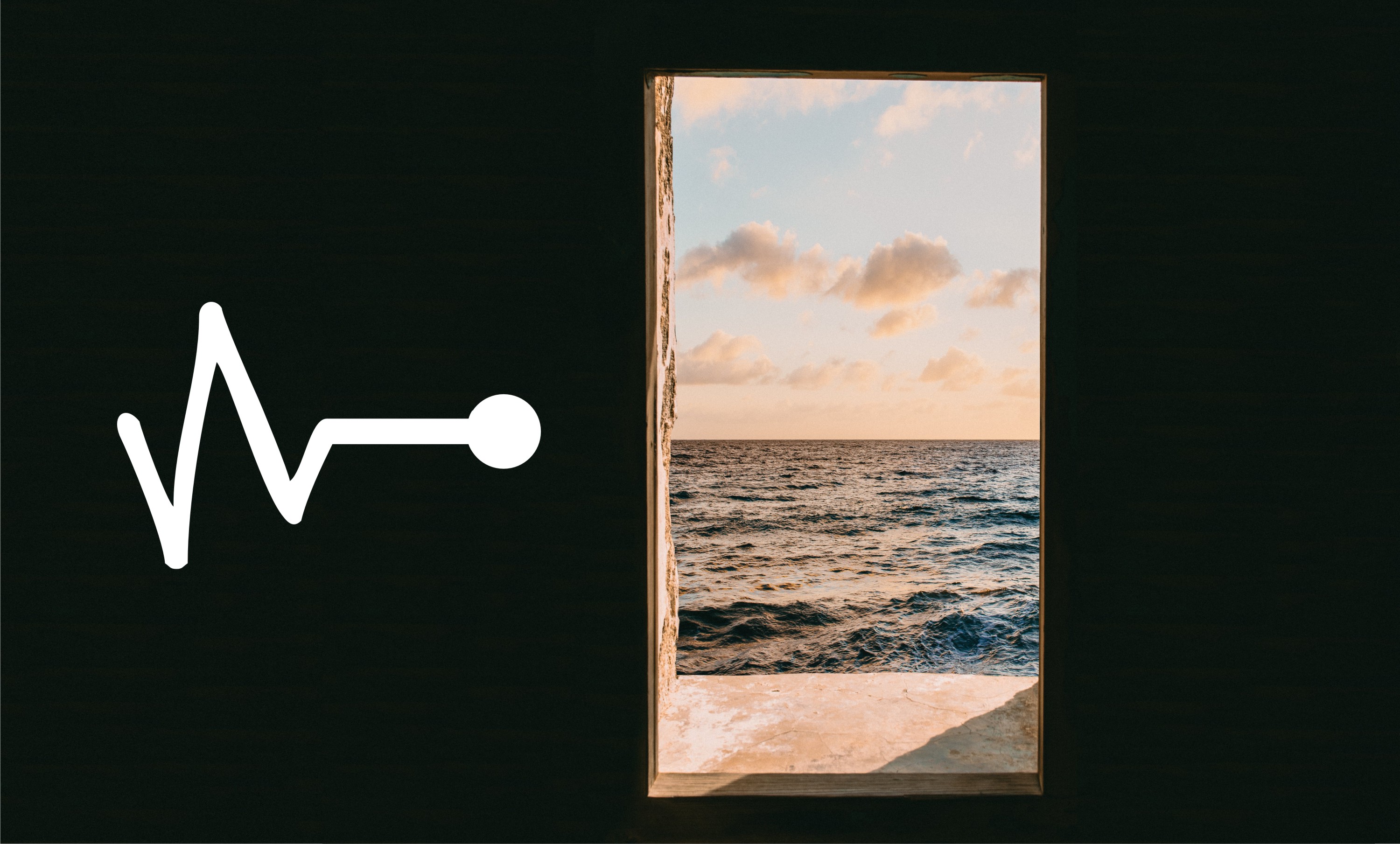 Open door through which you can see the sea, icon with heartbeat