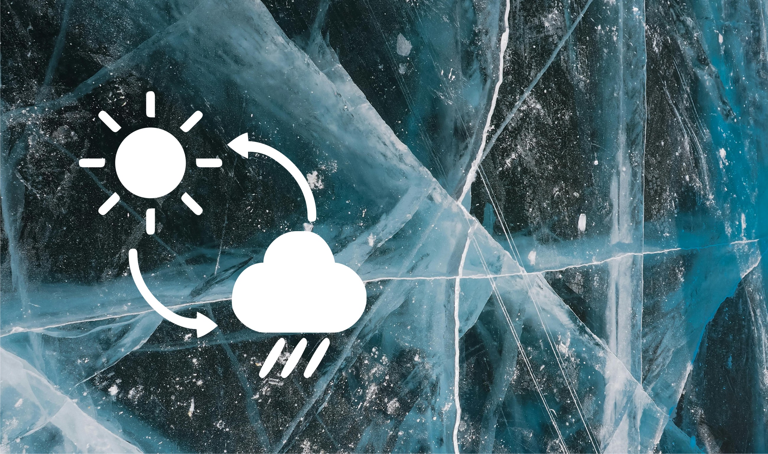 Close-up image of a piece of ice, white pictogram with sun and rain cloud