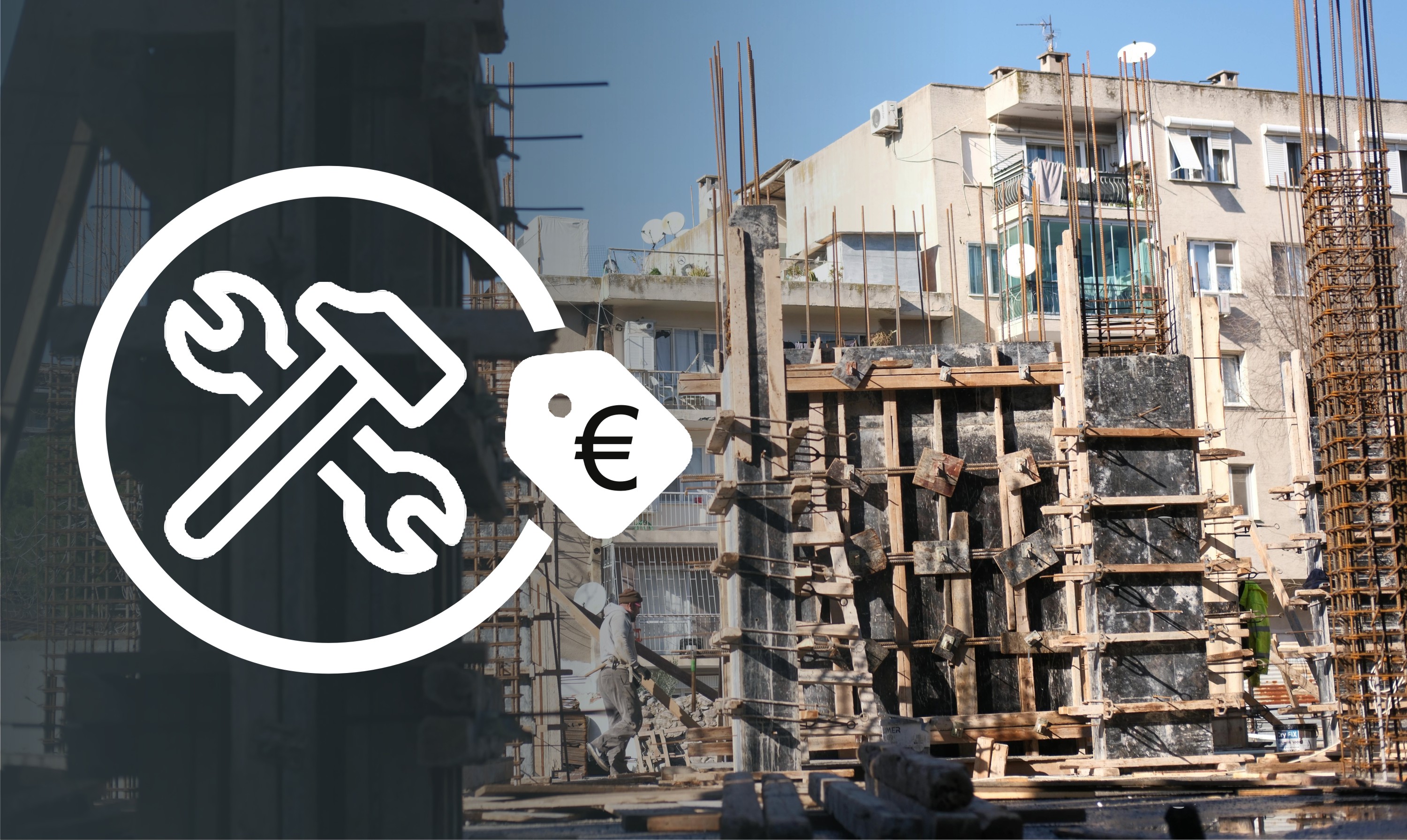 Jaunceltne, balta pikogramma ar instrumentiem, eiro cenu zīmi