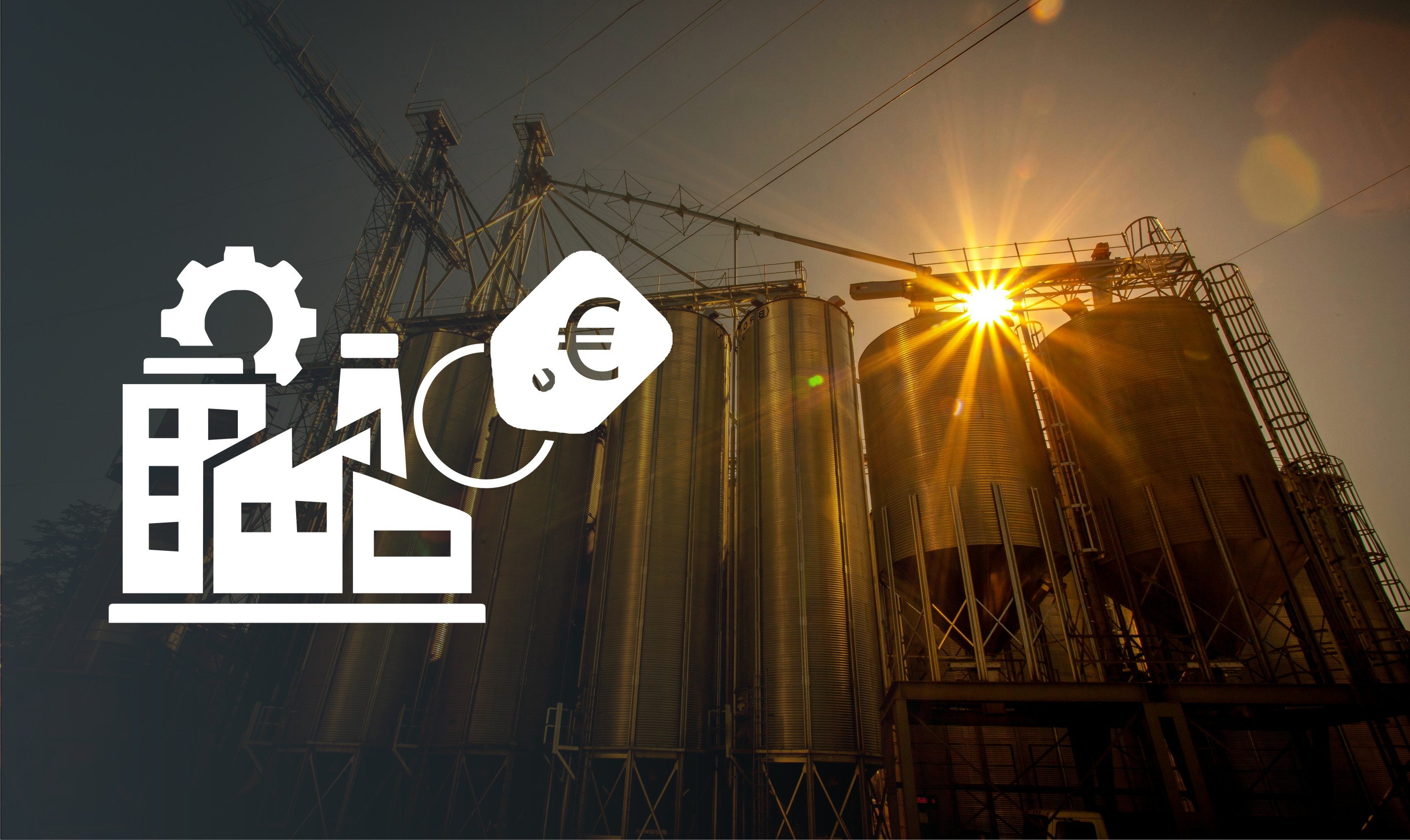 Sun shines through grain dryers. White pictogram with factory, euro price tag