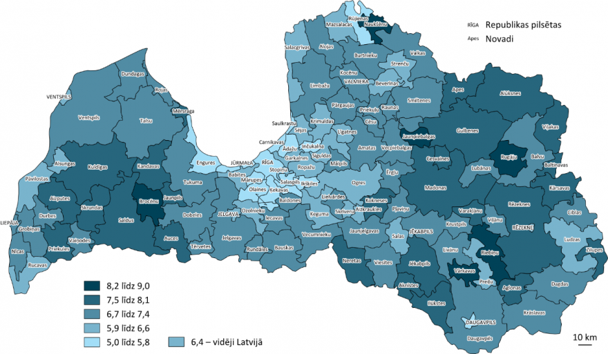 Jauniešu (18–24 gadi) īpatsvars iedzīvotāju kopskaitā