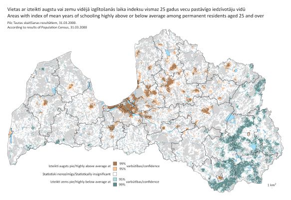 Map image - Areas with index of mean years of schooling highly above or below average among permanent residents aged 25 and over