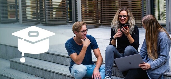  Picture - three young people are sitting on the stairs and talking
