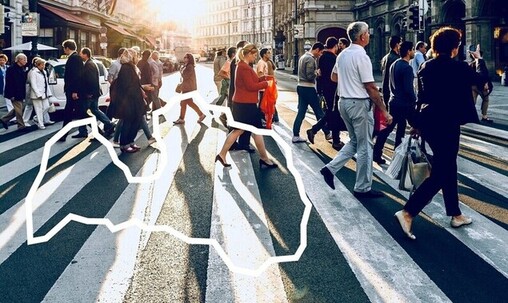 Picture - a lot of people cross the pedestrian crossing, the outline of the map of Latvia